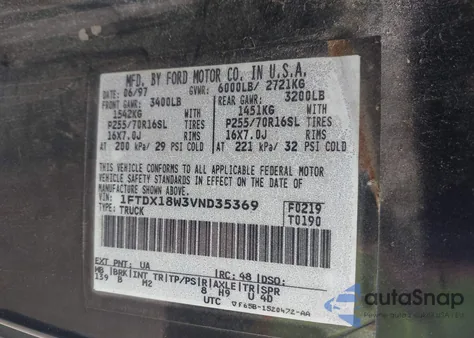 1997 Ford F-150 Lariat/Xl/Xlt из США, поврежденный, VIN 1FTDX18W3VND35369